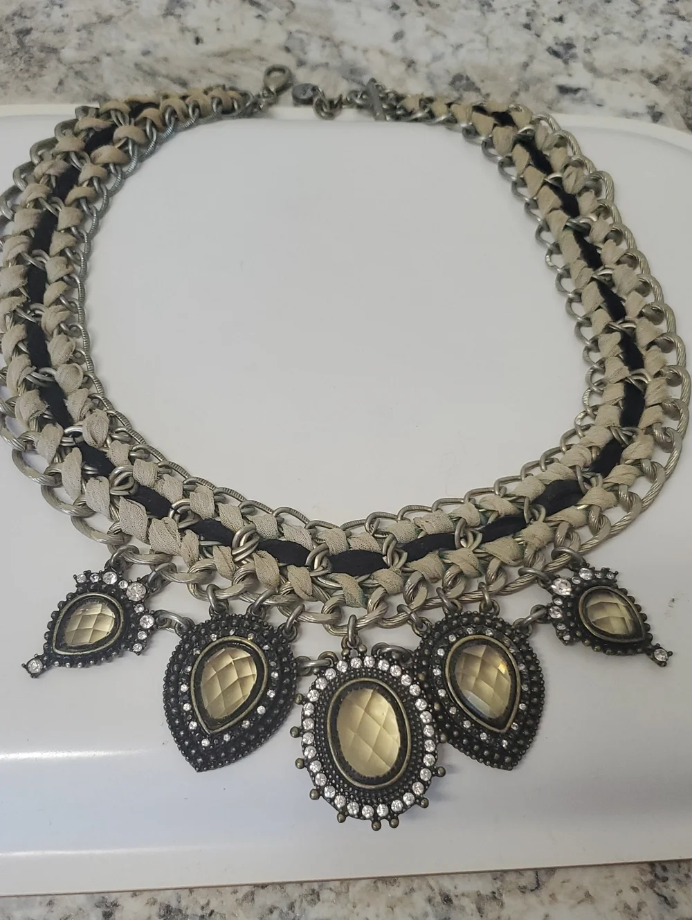 Statement Silver-Tone and Ivory Bib Necklace with Faceted Drops